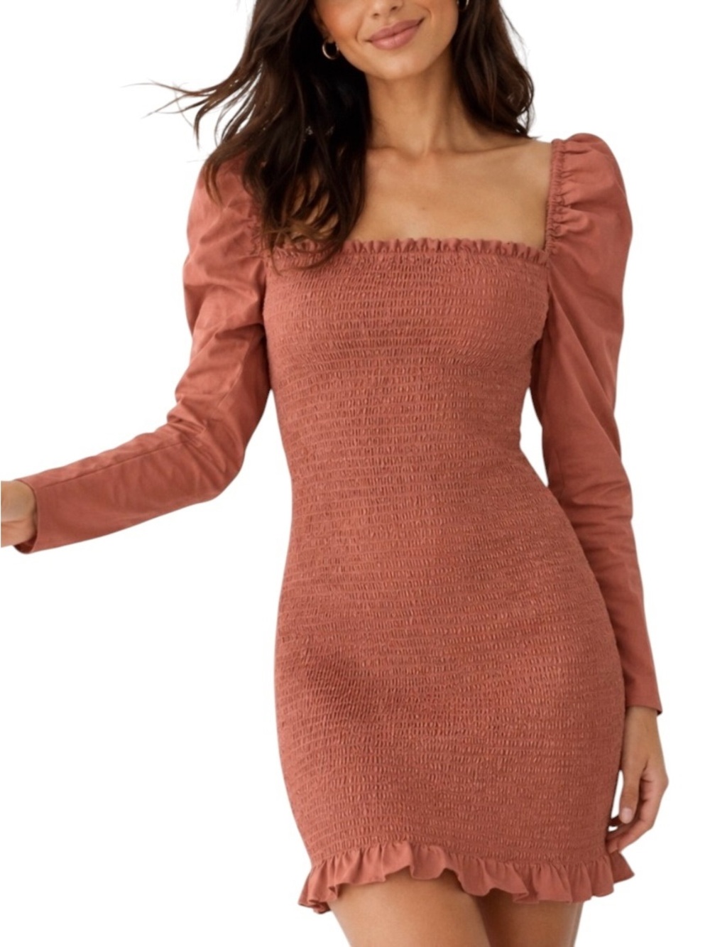 Aritzia Wilfred Maelys Puff Sleeve Smocked Bodice Mini Dress Mocha Brown Sz L